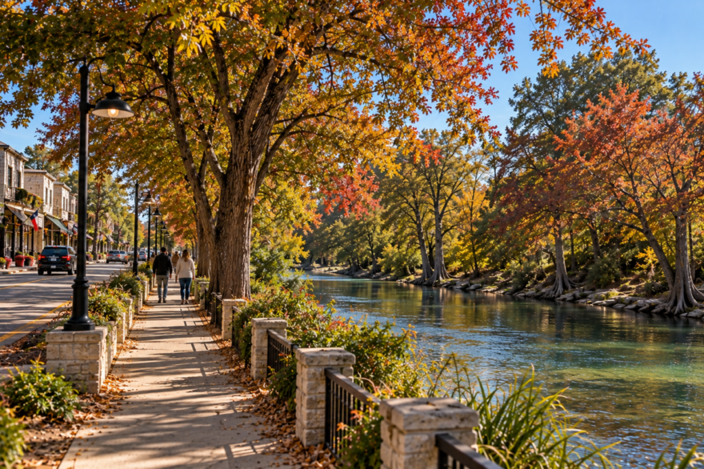 Autumn-Riverside-Town-Promenade-1024x683 Best Fall Activities Near Boerne, TX In 2026 Boehm Team Featured Properties Autumn-Riverside-Town-Promenade-1024x683
